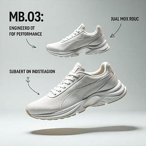 a white shoe with text and words PUMA MB.03 Features