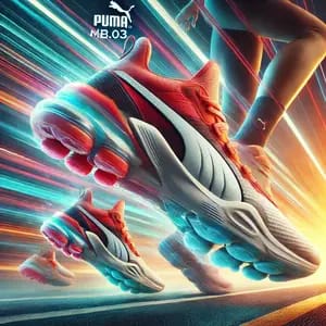 DALL·E 2024 11 28 21.33.22 A high energy image of Puma MB.03 sneakers highlighting their cushioning technology. The sneakers should be depicted in action, such as on a running t