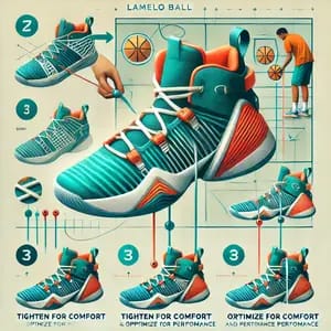 DALL·E 2024 11 30 06.11.54 An instructional graphic showing the process of lacing LaMelo Ball shoes. The image features a pair of basketball sneakers inspired by LaMelo Ball's d