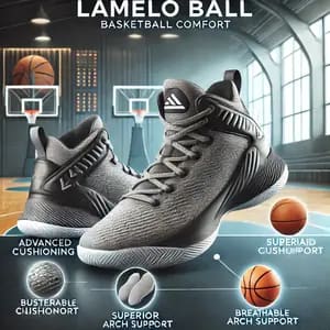 DALL·E 2024 12 01 20.29.13 A pair of LaMelo Ball basketball shoes, designed for comfort, shown on a sleek display. The shoes feature advanced cushioning, superior arch support,