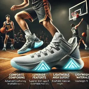 DALL·E 2024 12 01 20.29.44 Another pair of LaMelo Ball basketball shoes displayed prominently, emphasizing comfort features such as advanced cushioning, superior arch support, b