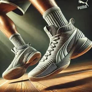 DALL·E 2024 12 02 20.50.51 A dynamic scene of Puma MB.03 basketball shoes being worn by a player on the court. The shoes feature a sleek design with a breathable upper, reinforc